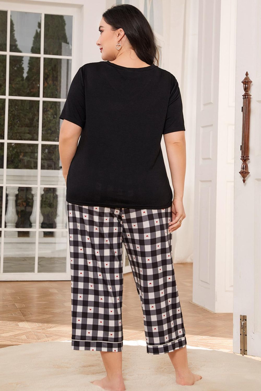 V-Neck Tee and Plaid Cropped Pants Lounge Set - Lilixa.store