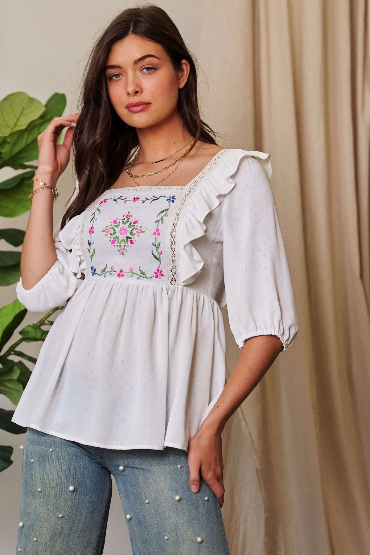 Davi & Dani Texture Tie Back Floral Embroidery Frill Blouse - Lilixa.store