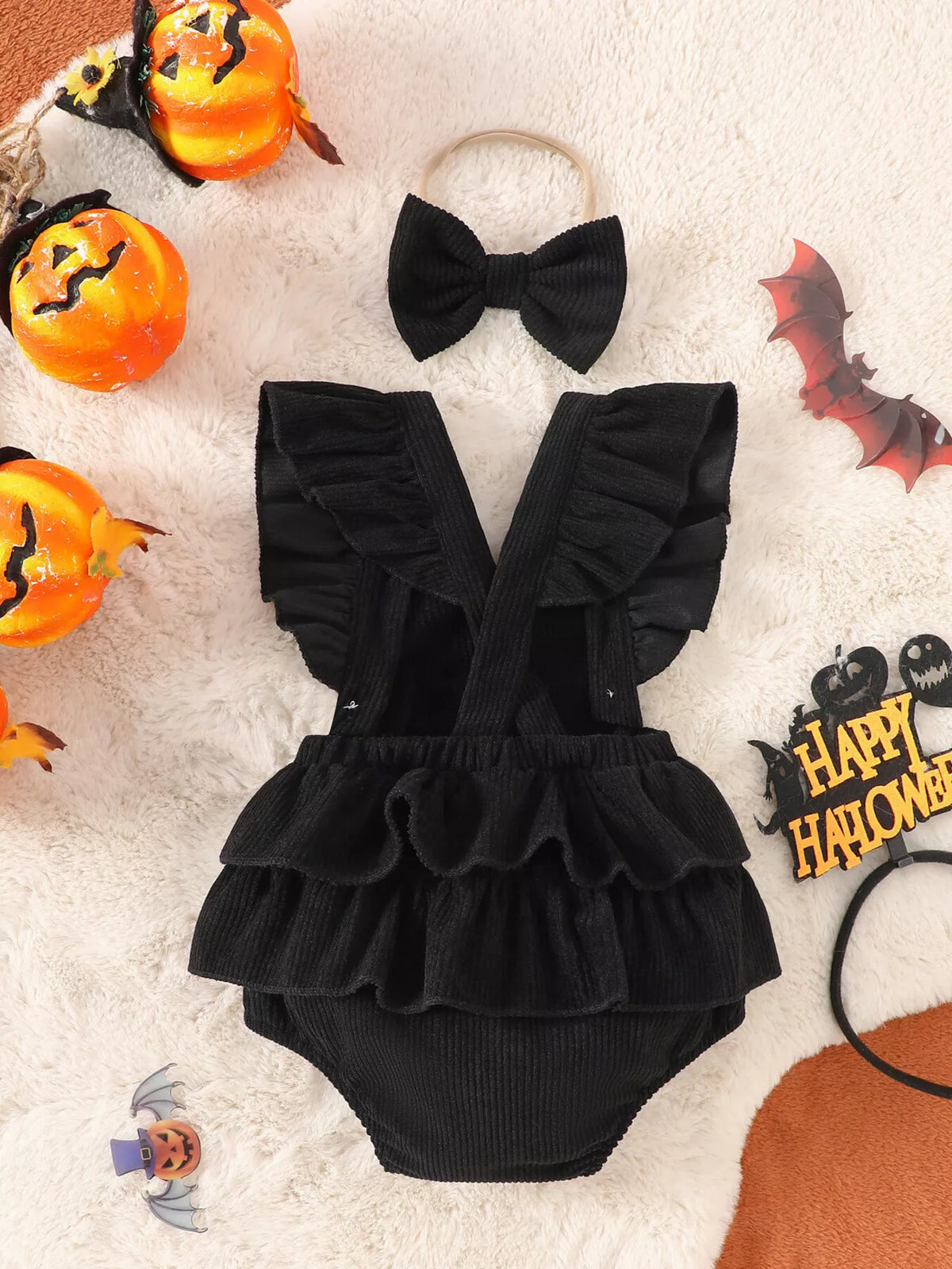 Children's Halloween Skeleton Ruffle Bodysuit and Bow Headband Set - Lilixa.store