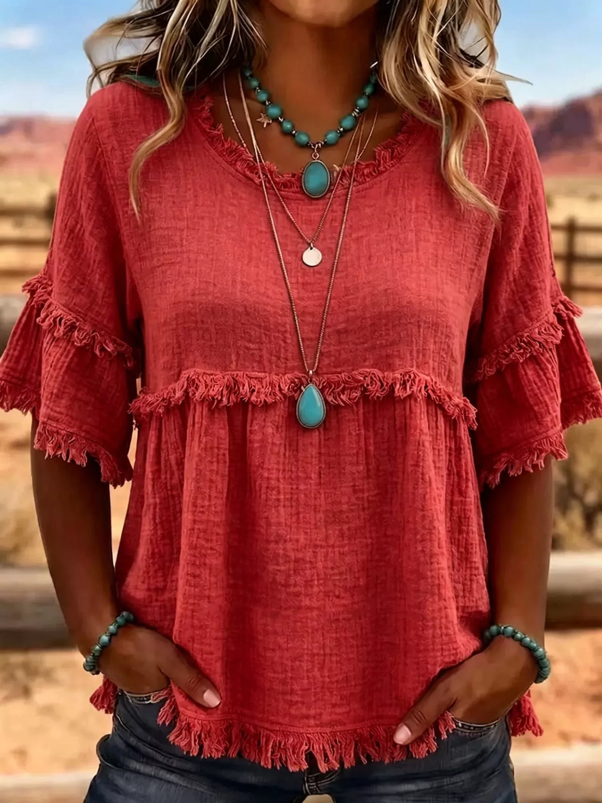 Full Size Frayed Edge Textured Blouse Plus Size, view 16