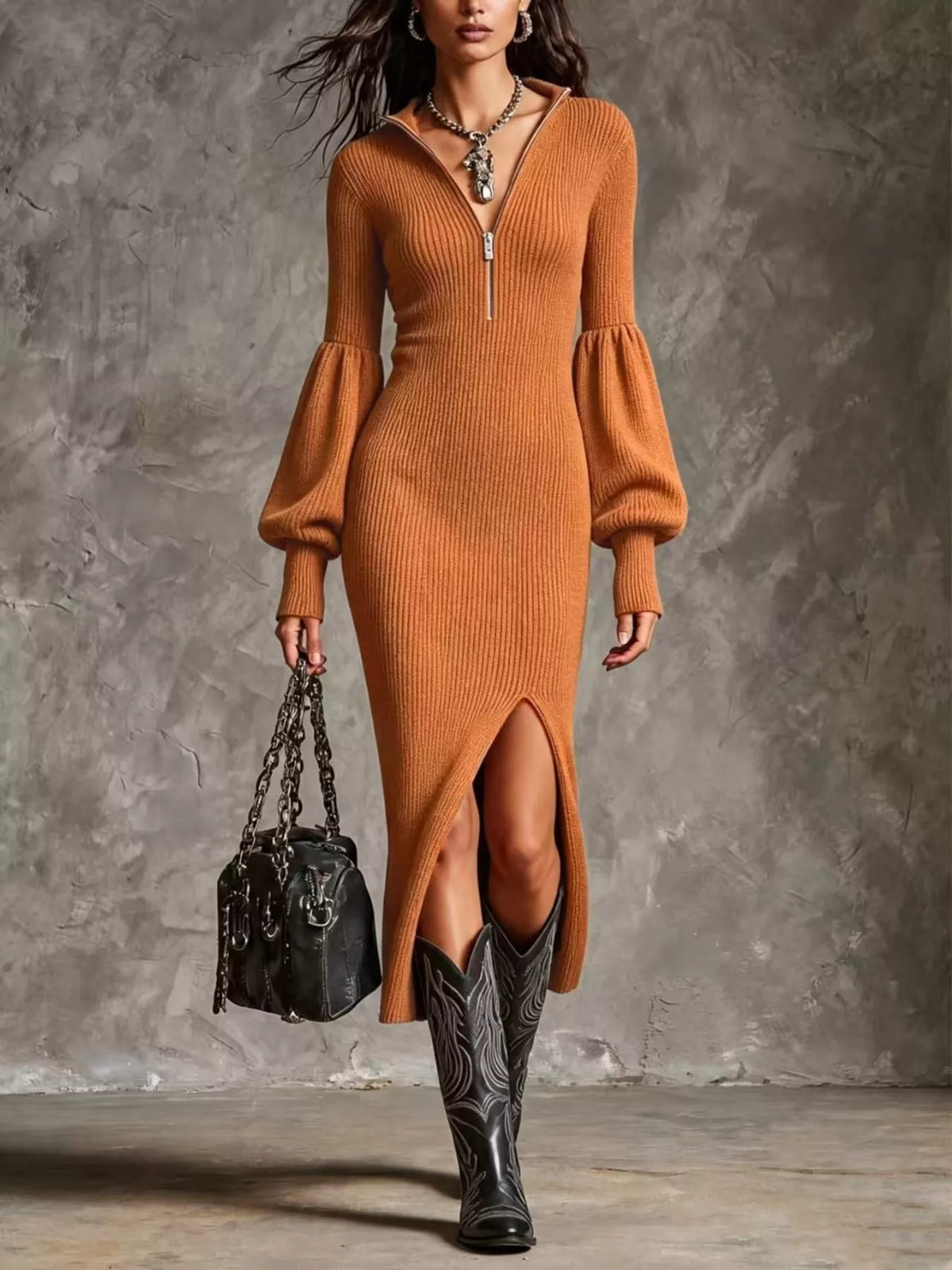 Ribbed Knit Quarter-Zip Lantern Sleeve Sweater Dress in Ochre
