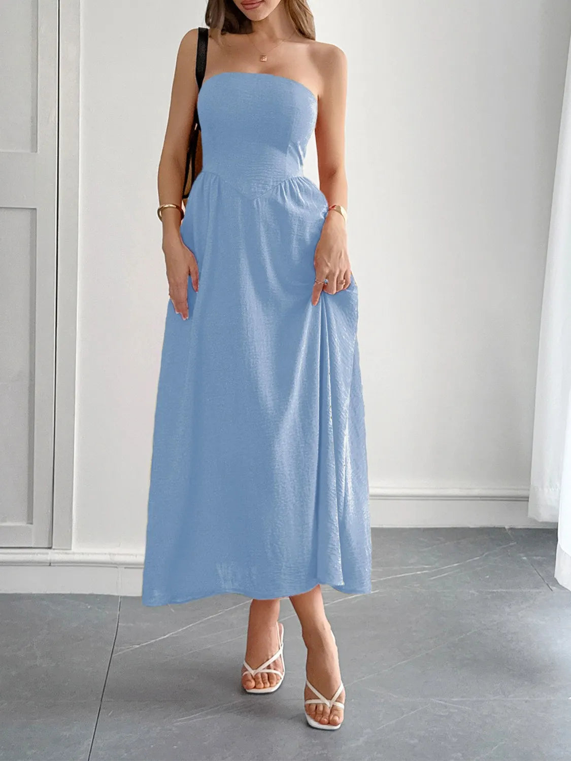 Strapless A-Line Midi Dress with Pockets - Lilixa.store