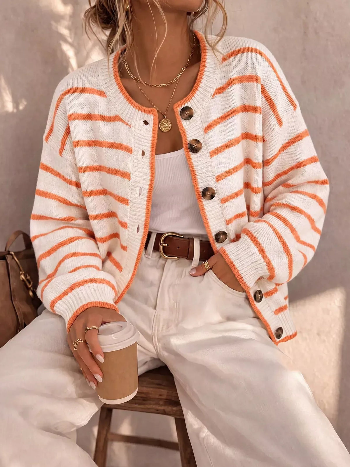 Striped Button-Down Knit Cardigan - Lilixa.store