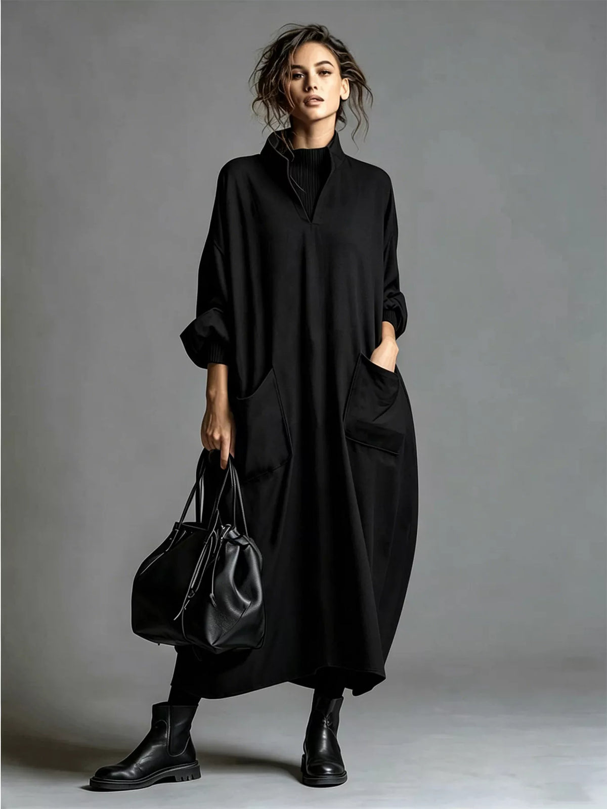 Full Size Loose-Fit Mock Neck Midi Dress with Pockets Plus Size - Lilixa.store
