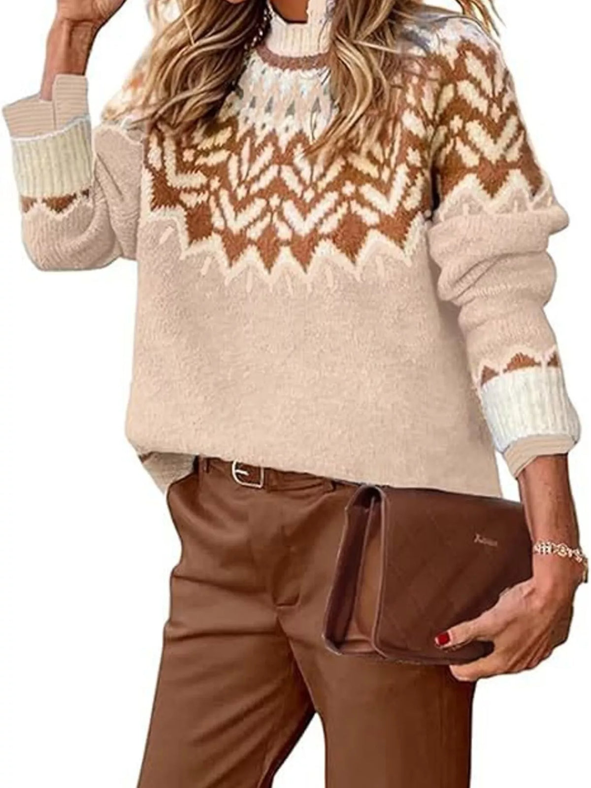 Full Size Fair Isle Patterned Long Sleeve Sweater Plus Size - Lilixa.store
