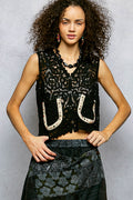 POL Button Down Cropped Crochet Vest with Scalloped Edge - Lilixa.store