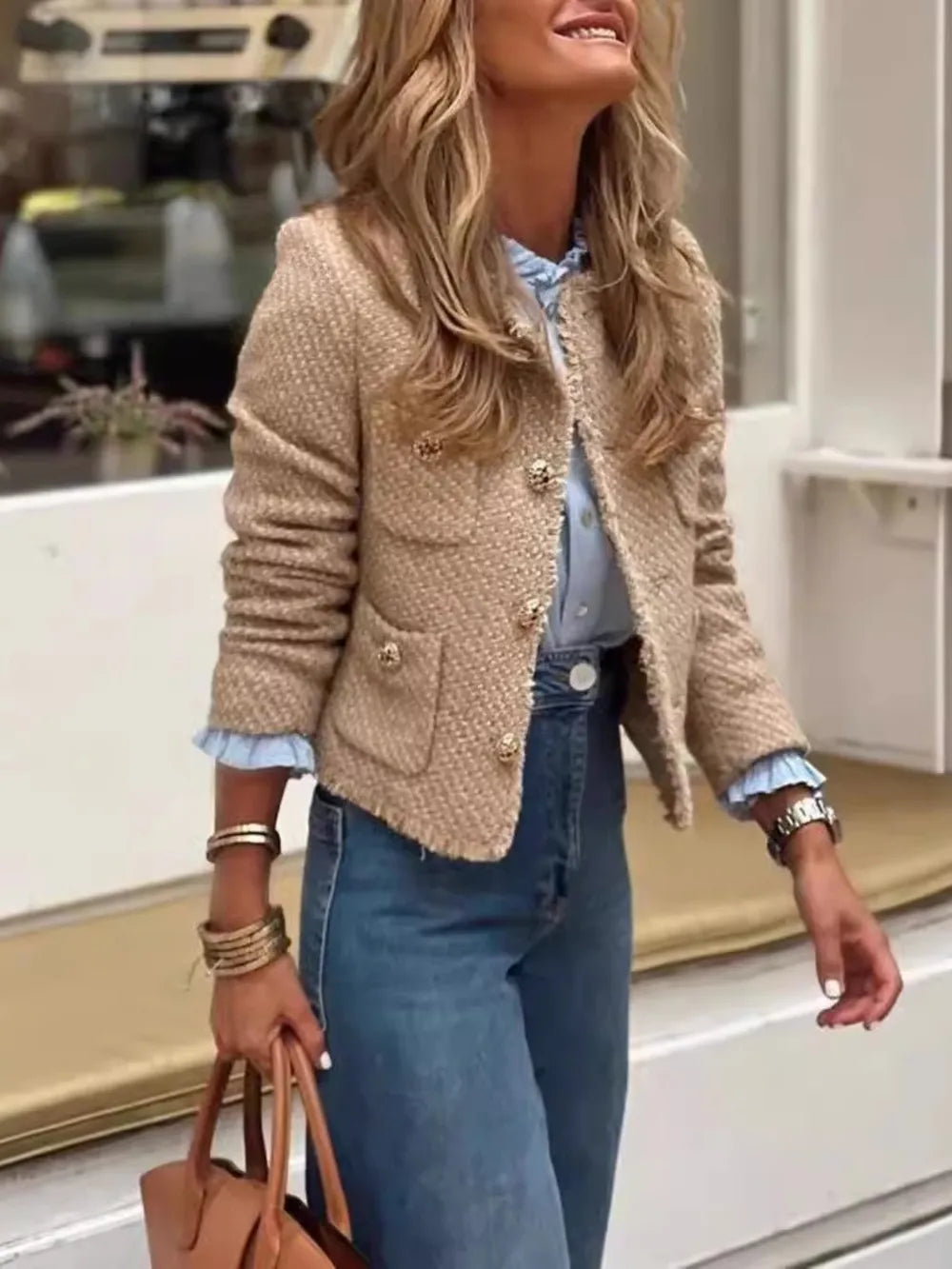 Raw Hem Pocketed Round Neck Jacket in Camel