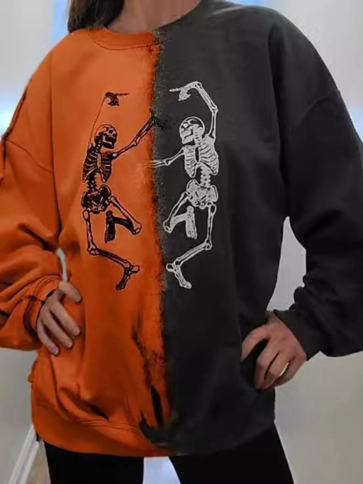 Halloween Skeleton Print Color Block Sweatshirt - Lilixa.store