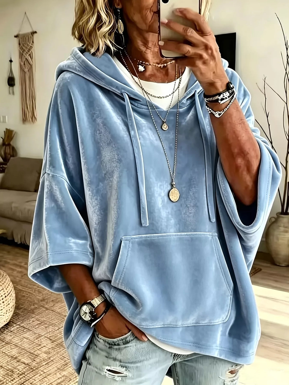 Full Size Velvet 3/4 Sleeve Hoodie with Kangaroo Pocket Plus Size - Lilixa.store