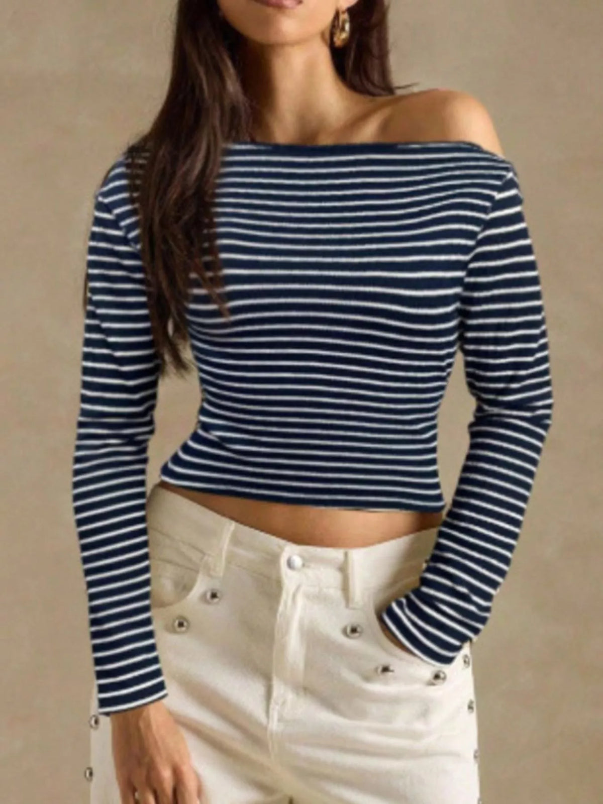 Off-Shoulder Striped Ribbed Long Sleeve T-Shirt, view 14