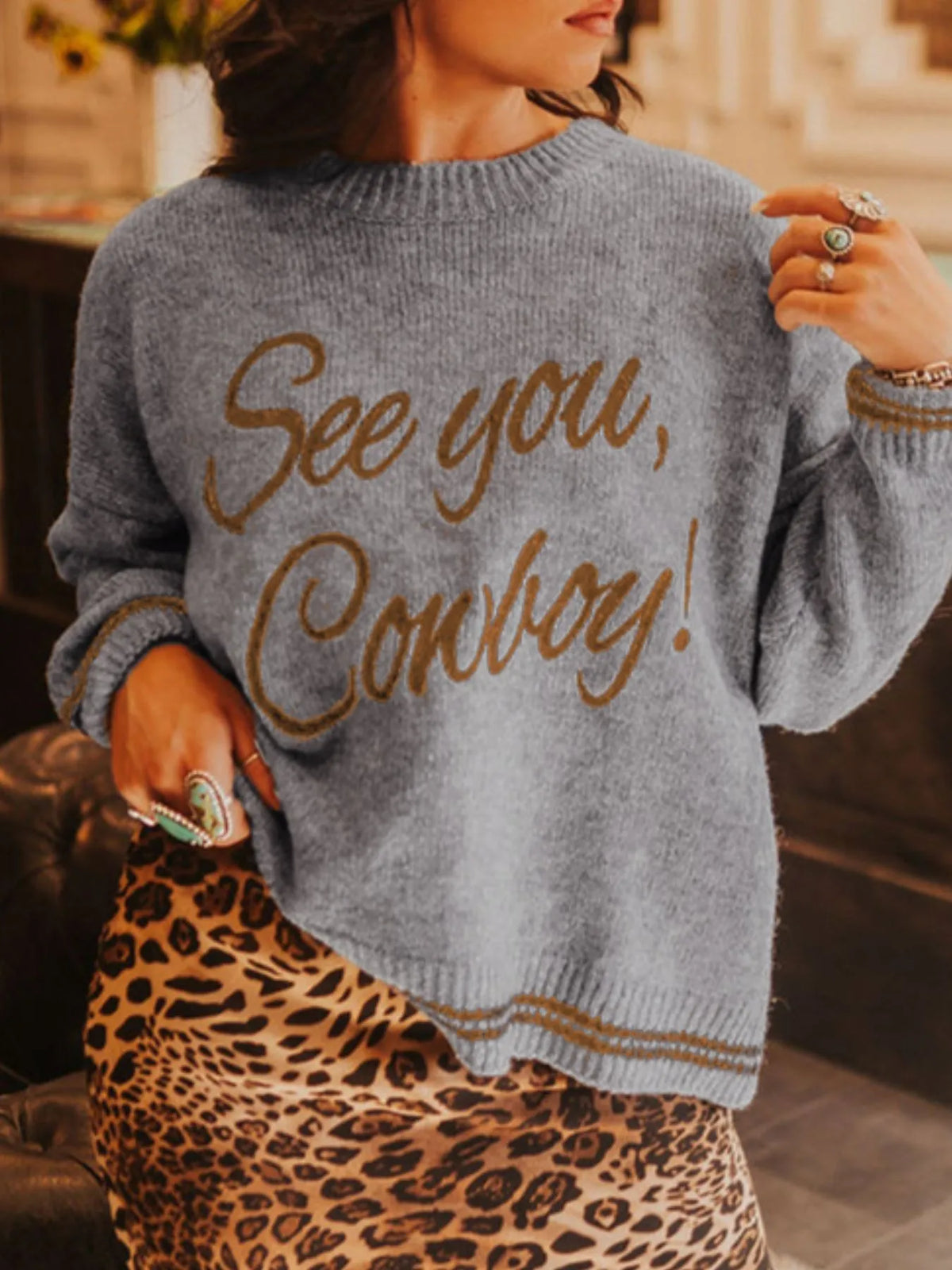 Letter Contrast Hem Round Neck Sweater - Lilixa.store