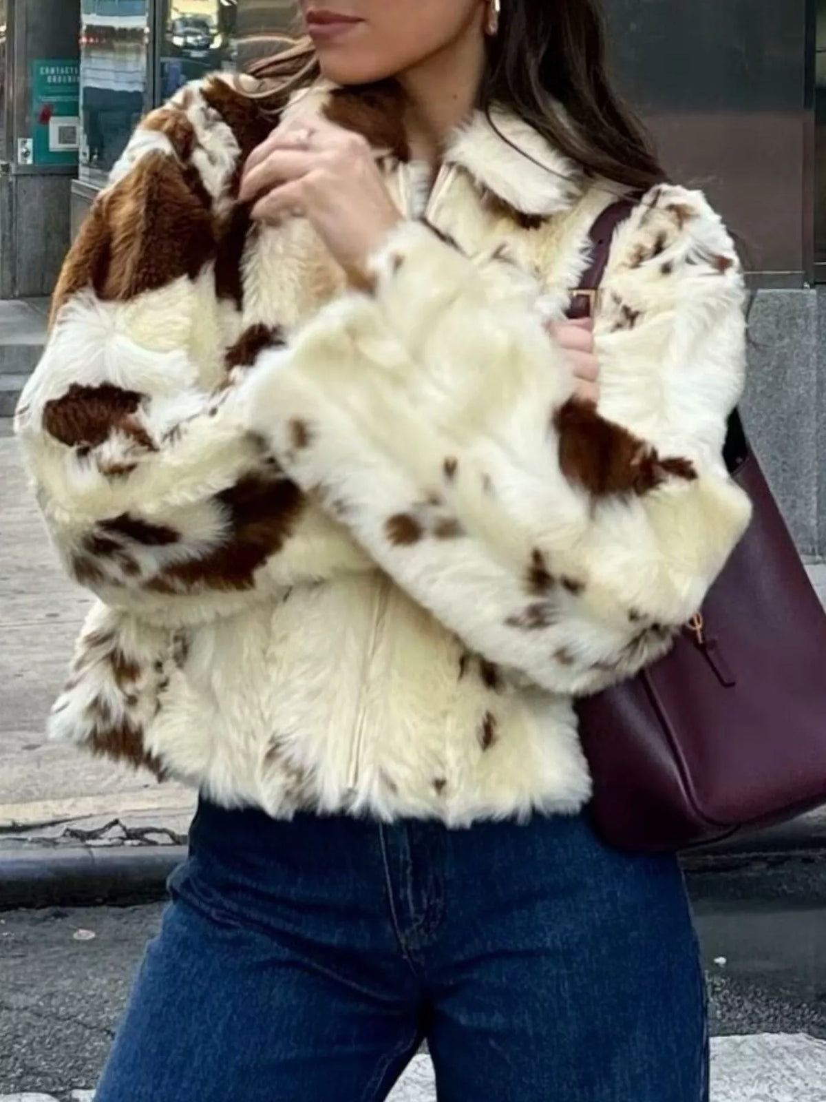 Faux Fur Zip Up Cropped Outerwear in Beige, view 6