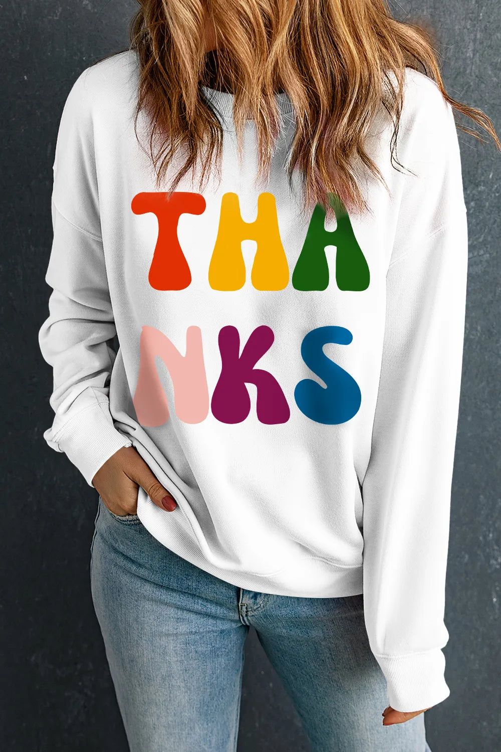 THANKS Round Neck Long Sleeve Sweatshirt - Lilixa.store