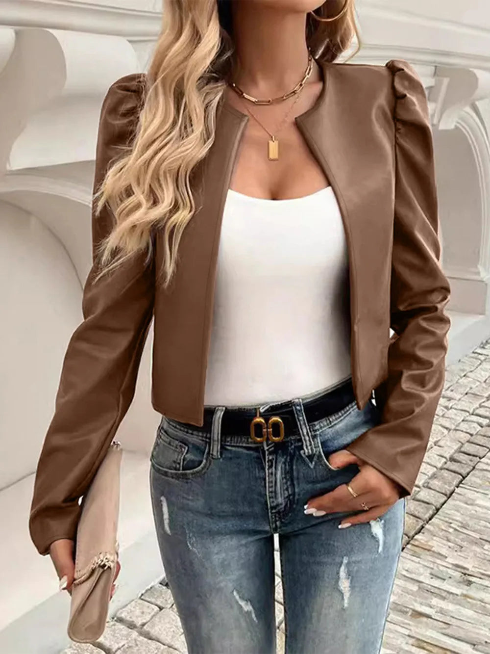 PU Leather Open Front Puff Sleeve Jacket in Caramel