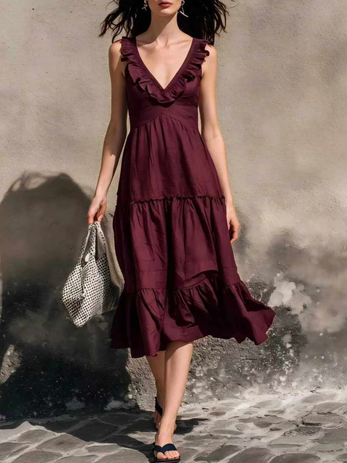 Full Size Ruffled V-Neck Tiered Midi Dress Plus Size - Lilixa.store