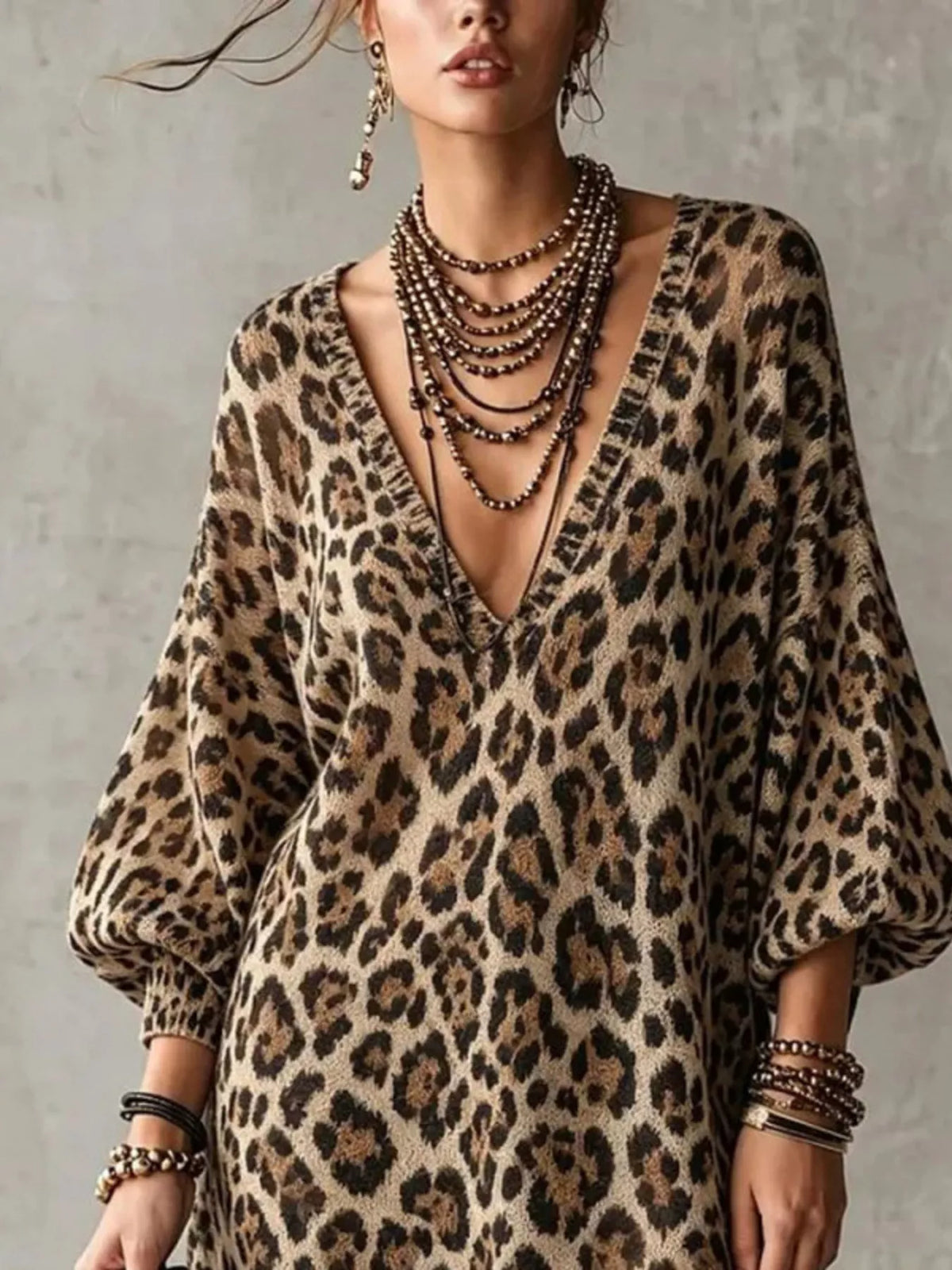 Leopard Print V-Neck Dress with Lace Hem, view 2