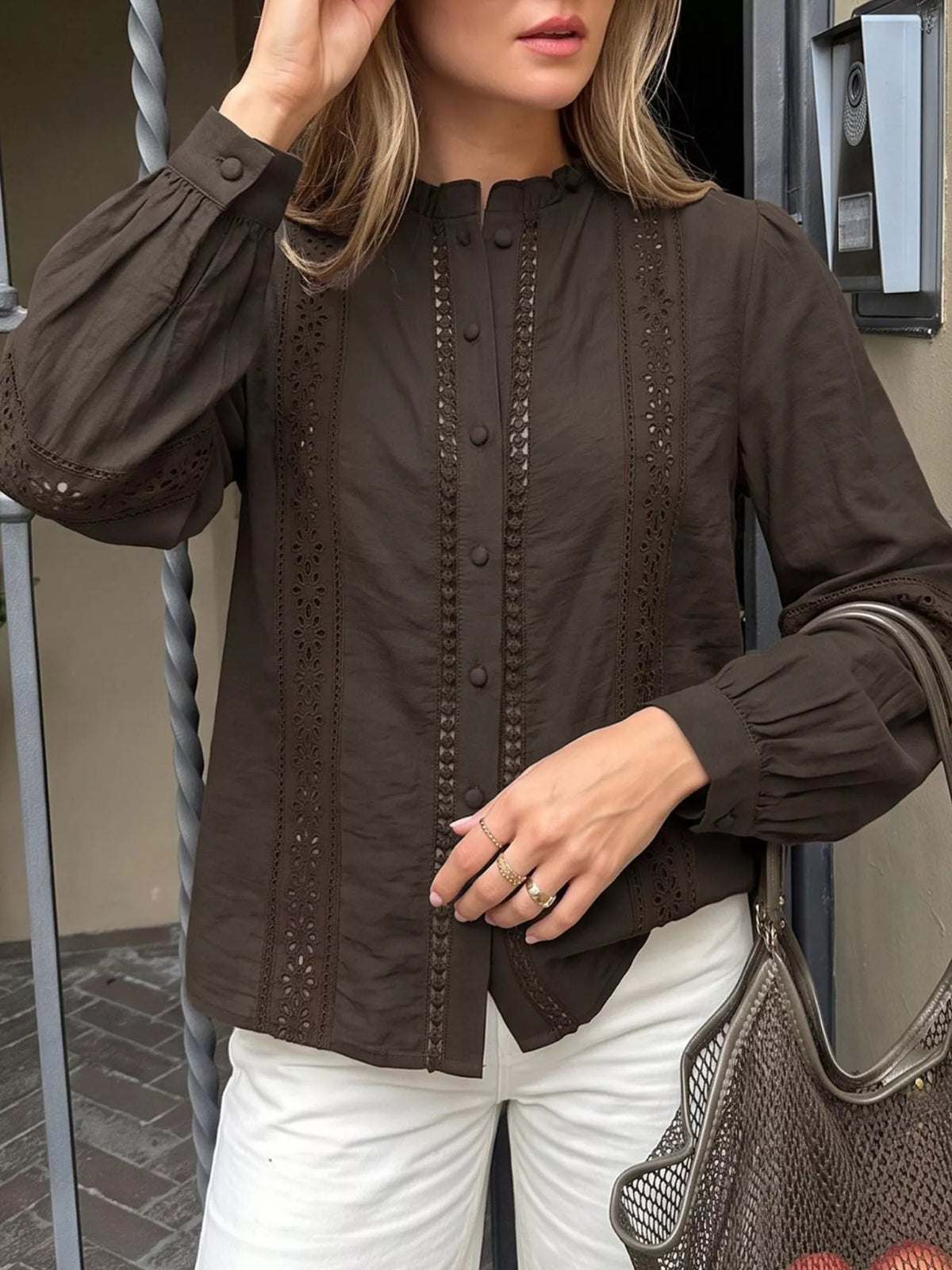 Eyelet Lace Trim Long Sleeve Blouse