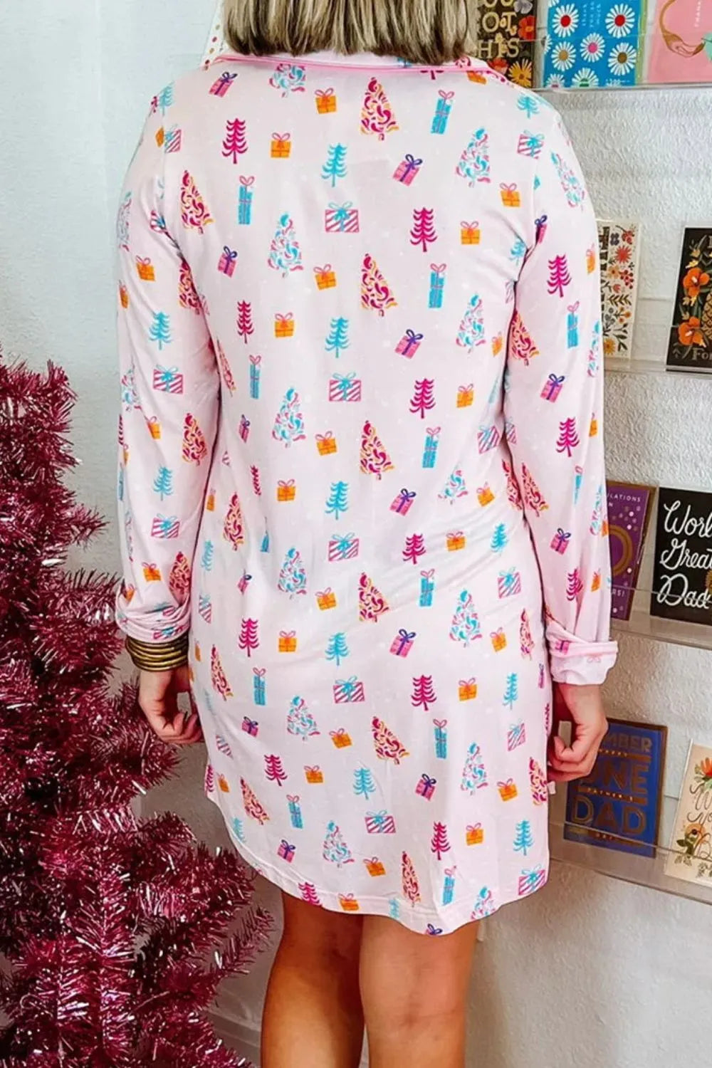 Printed Collared Neck Long Sleeve Lounge Dress - Lilixa.store