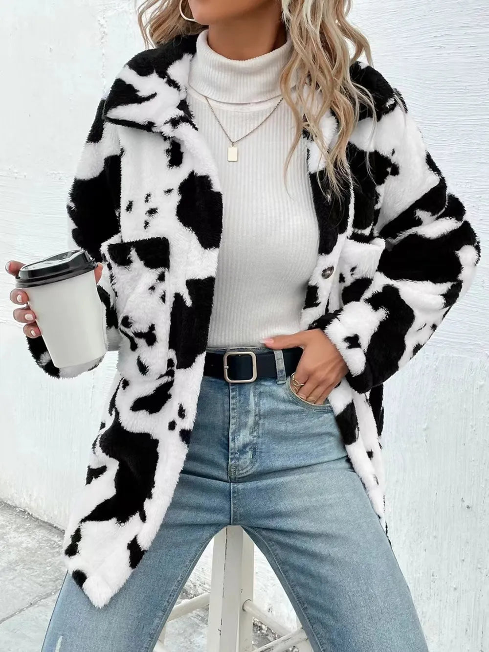 Cow Print Collared Neck Button Up Fuzzy Jacket, view 4