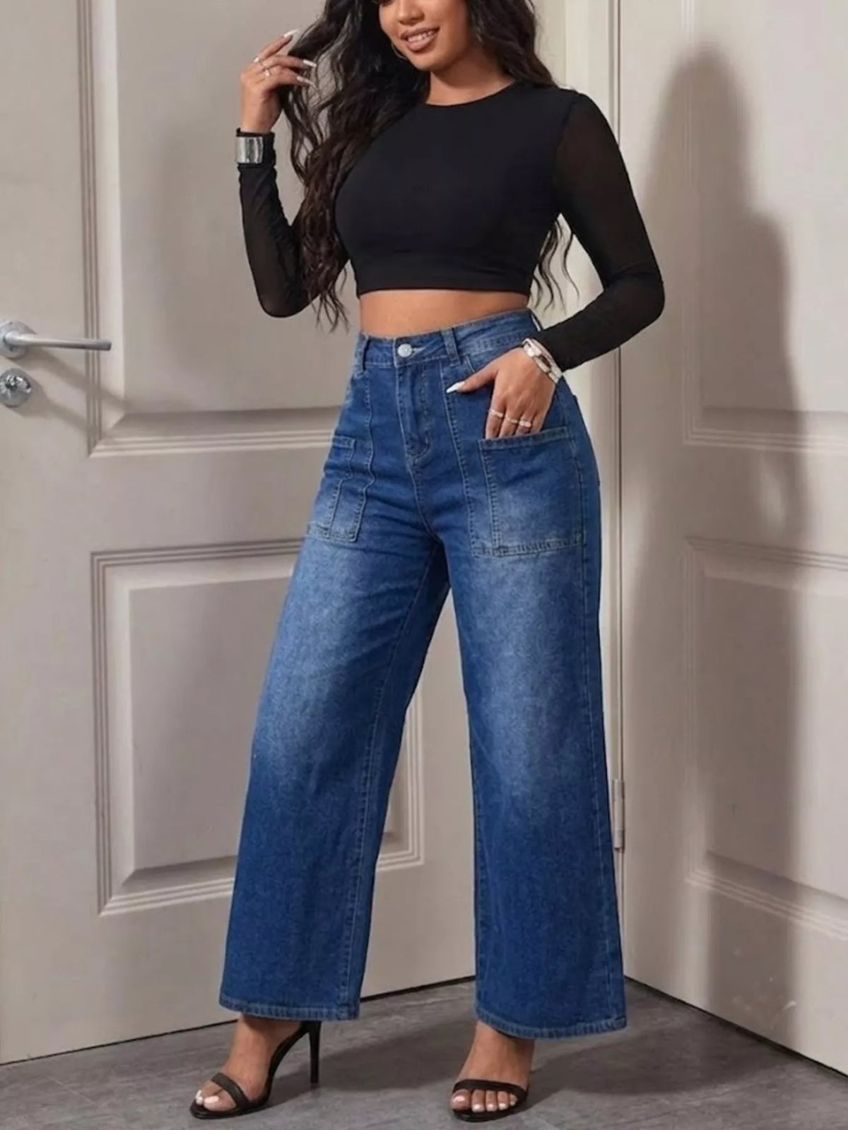 High-Waisted Wide Leg Jeans in Peacock Blue, view 2