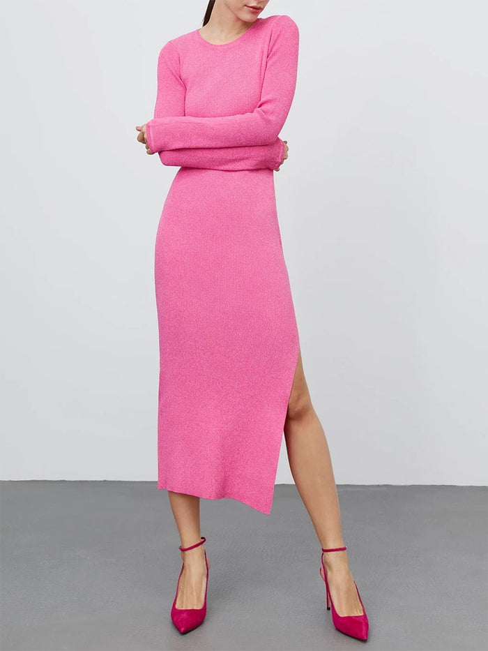 Round Neck Slit Sweater Dress in Hot Pink