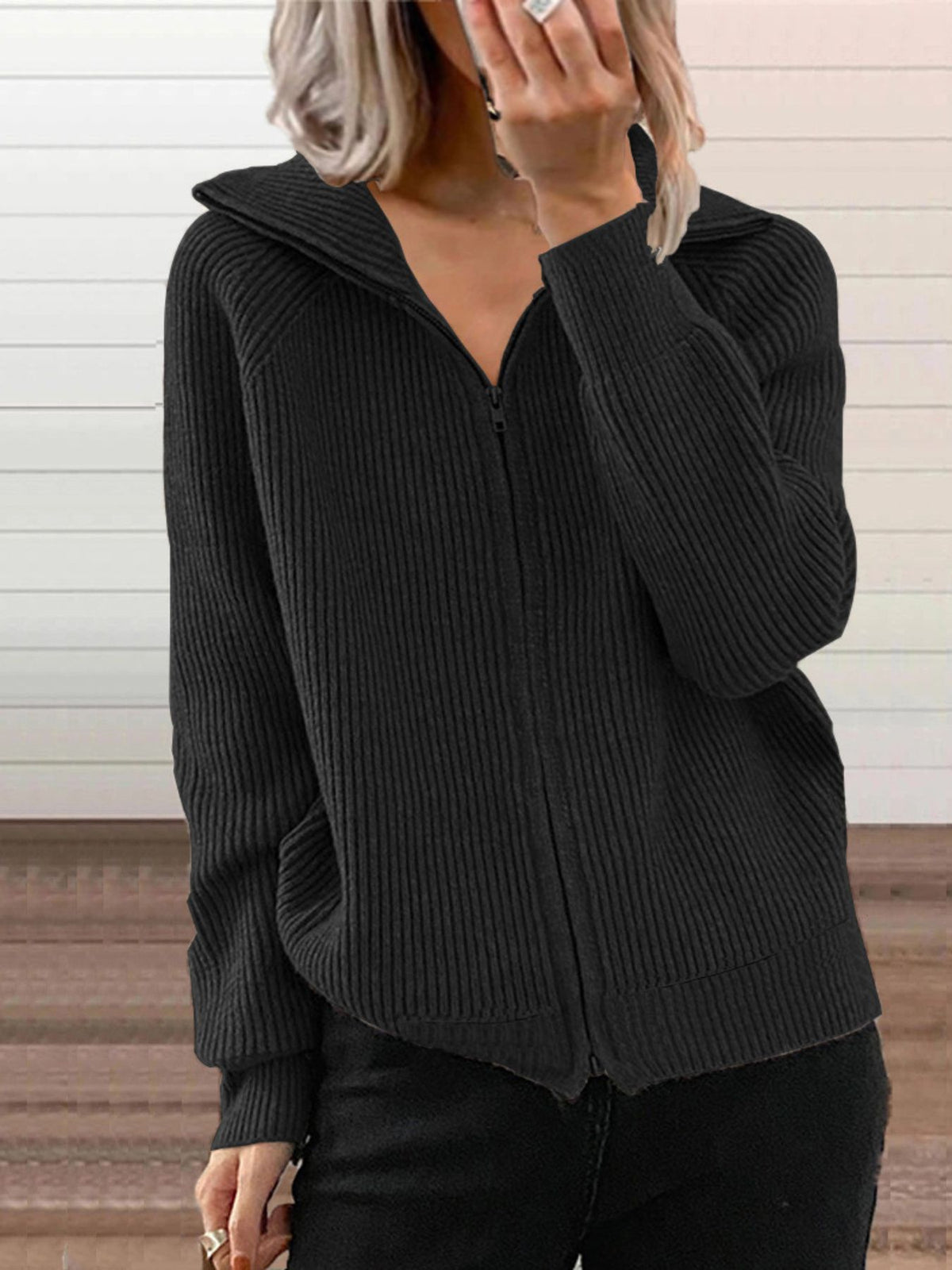 Full Size Ribbed Knit Zip-Up Outerwear Plus Size in Black
