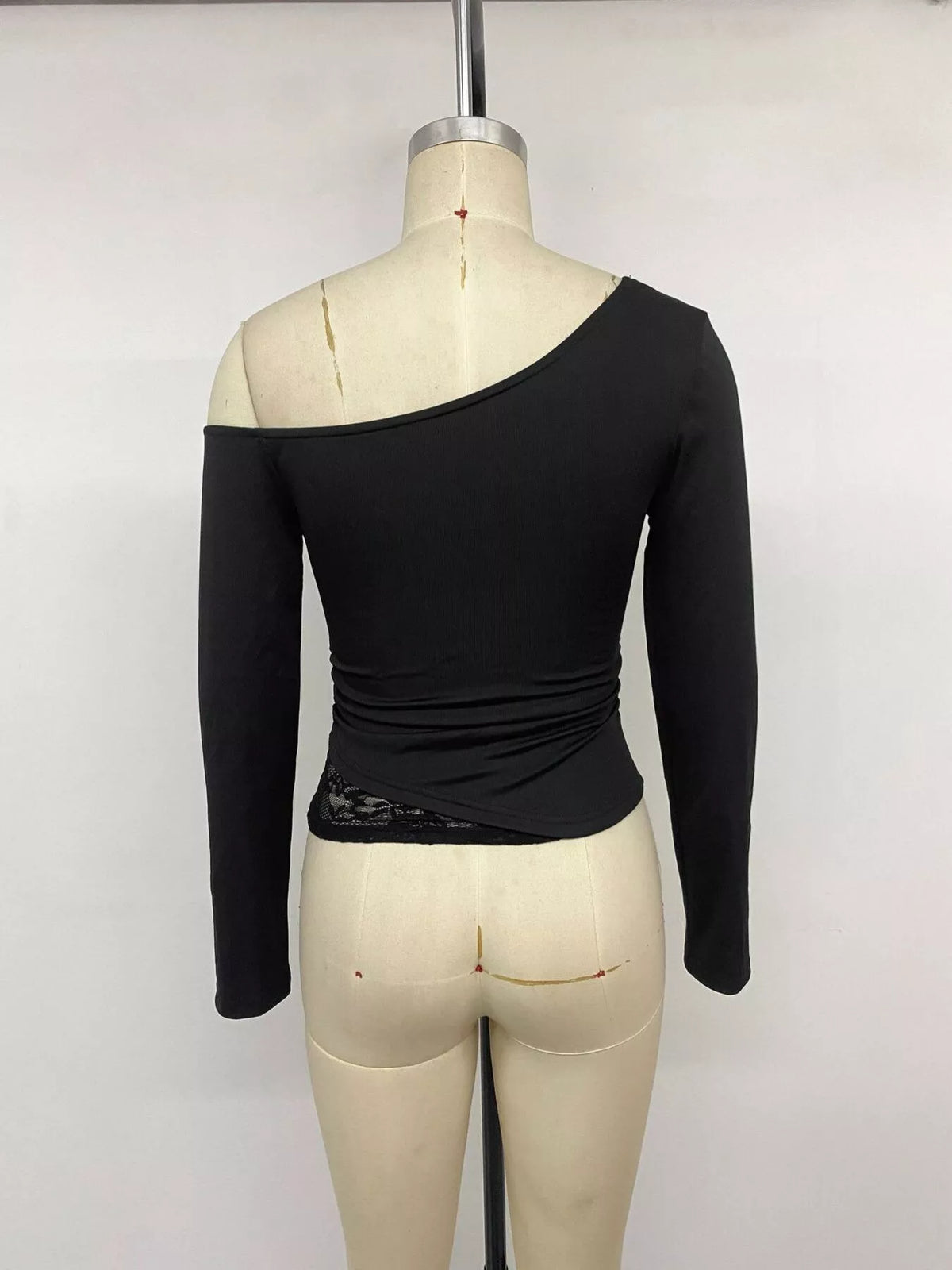 One-Shoulder Lace Trim Slim Fit T-Shirt - Lilixa.store