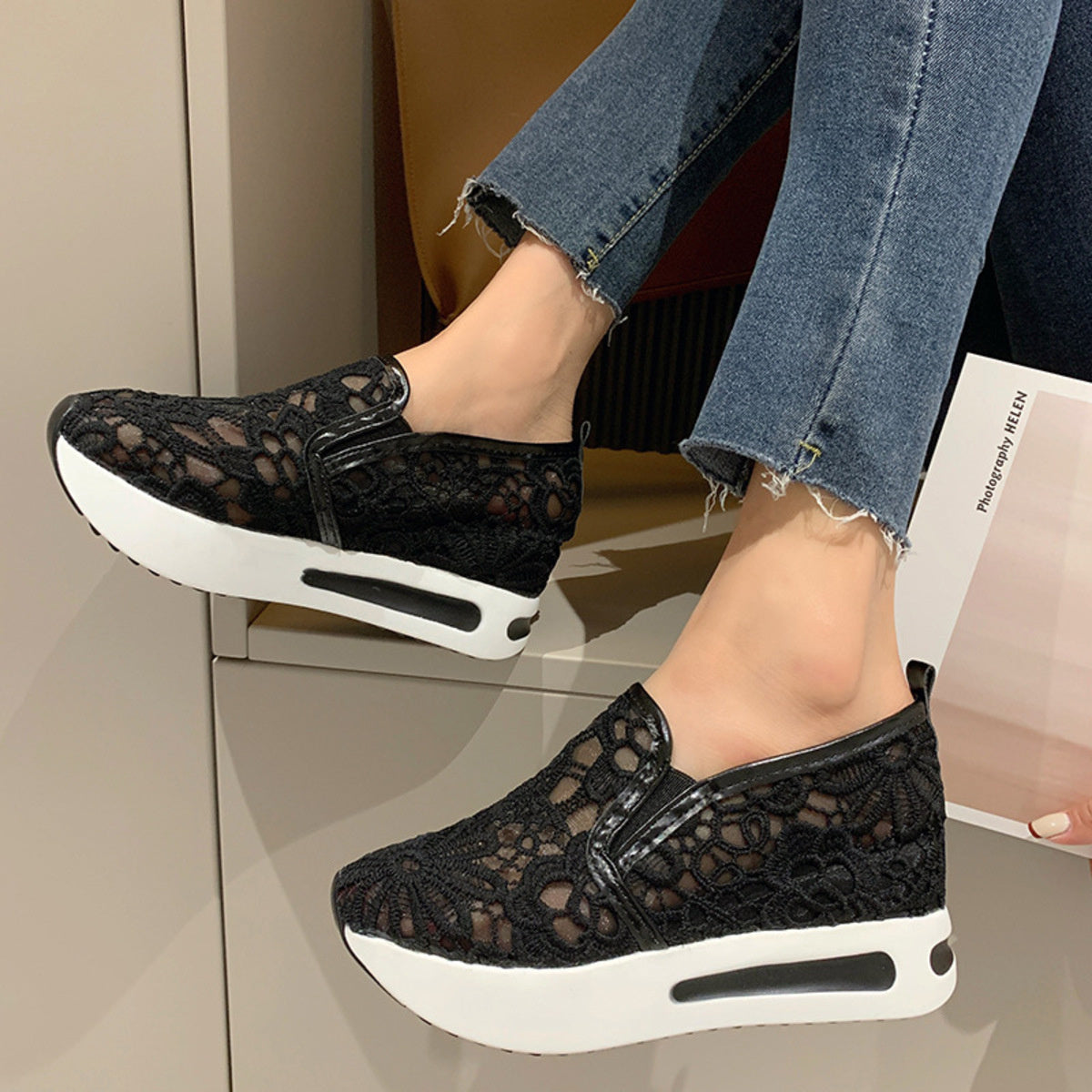 Lace Breathable Platform Slip-On in Black