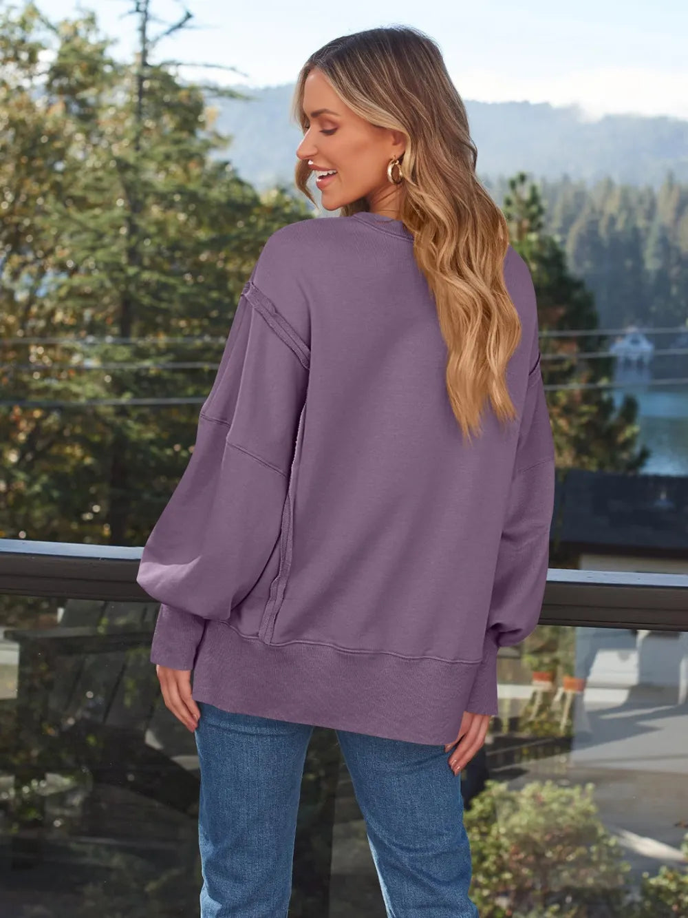 Slit Round Neck Long Sleeve Sweatshirt - Lilixa.store
