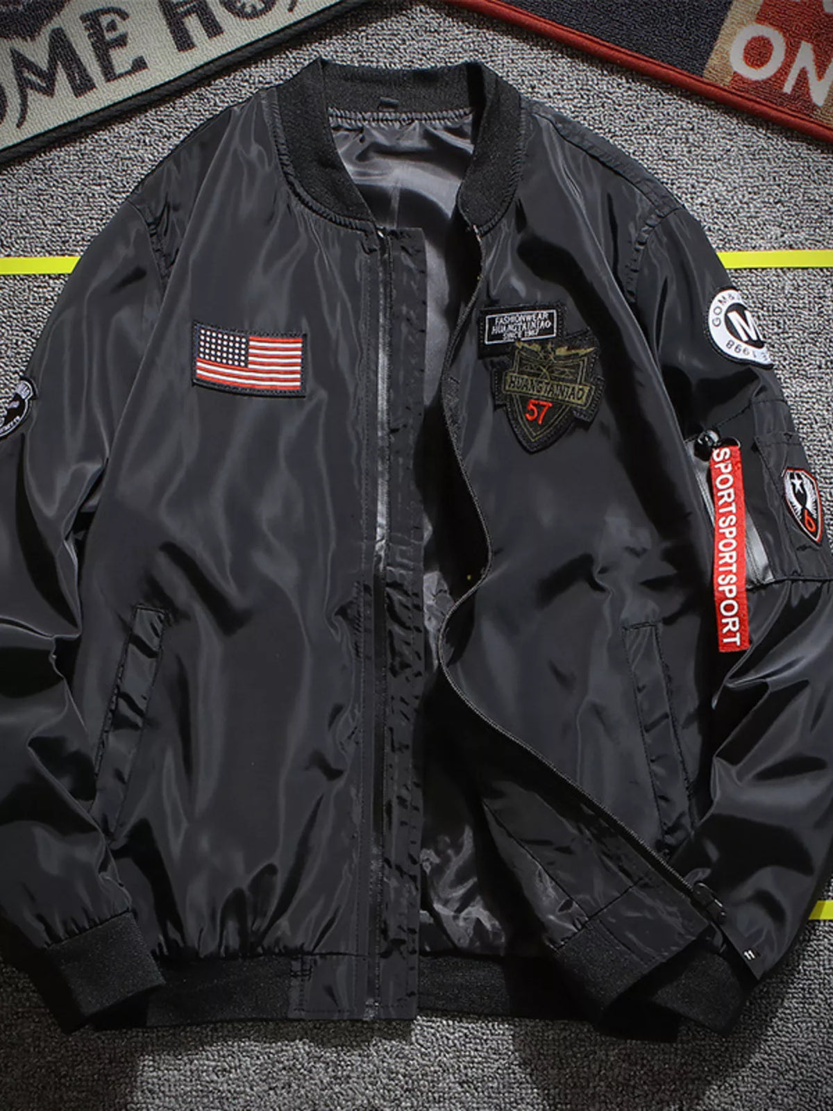 Men's Plus Size Military-Inspired Patched Bomber Jacket - Lilixa.store