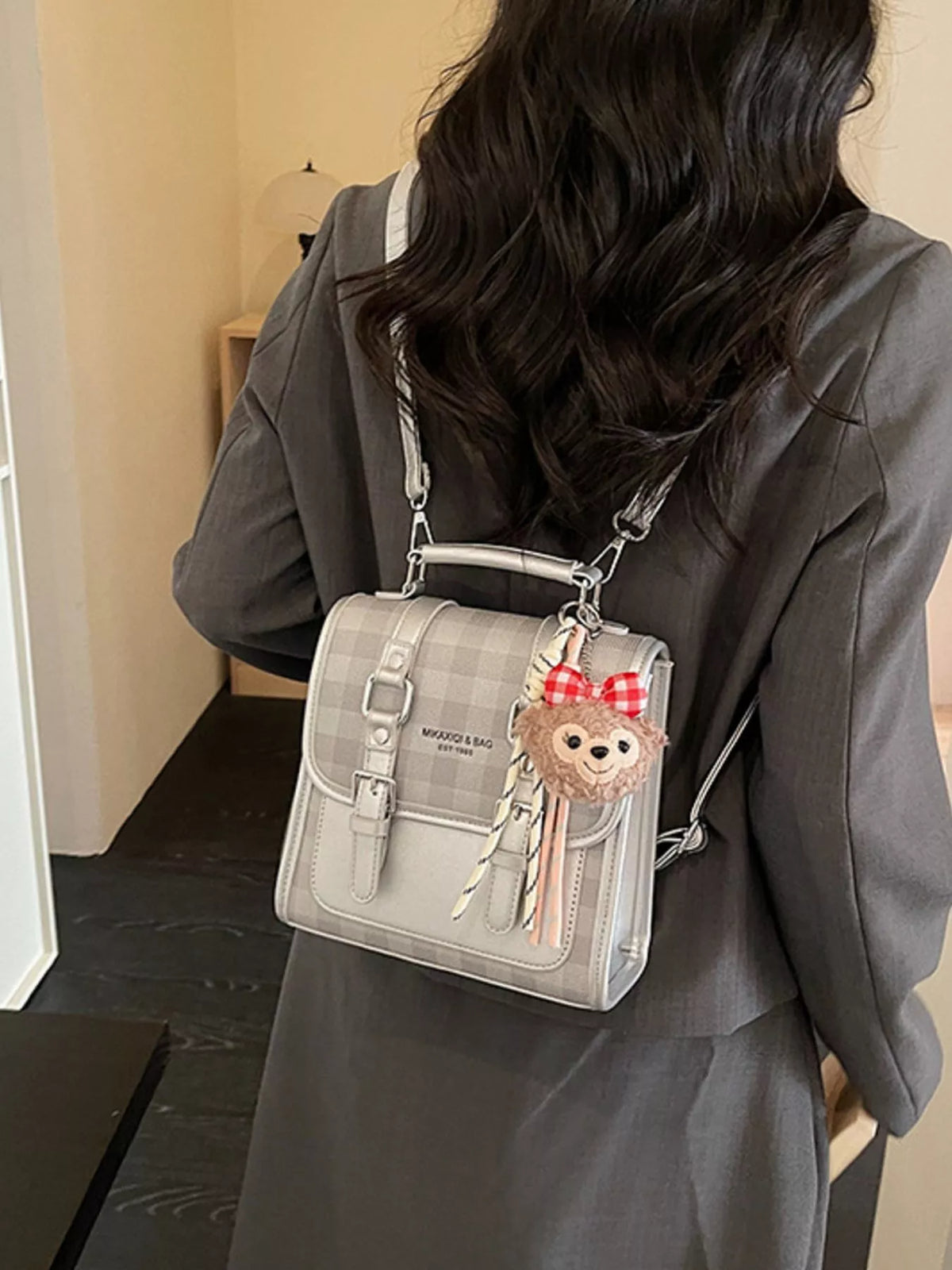 Plaid Backpack Bag with Charm - Lilixa.store