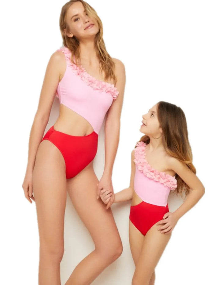 Cutout One Shoulder Contrast Parent-Child Swimwear - Lilixa.store