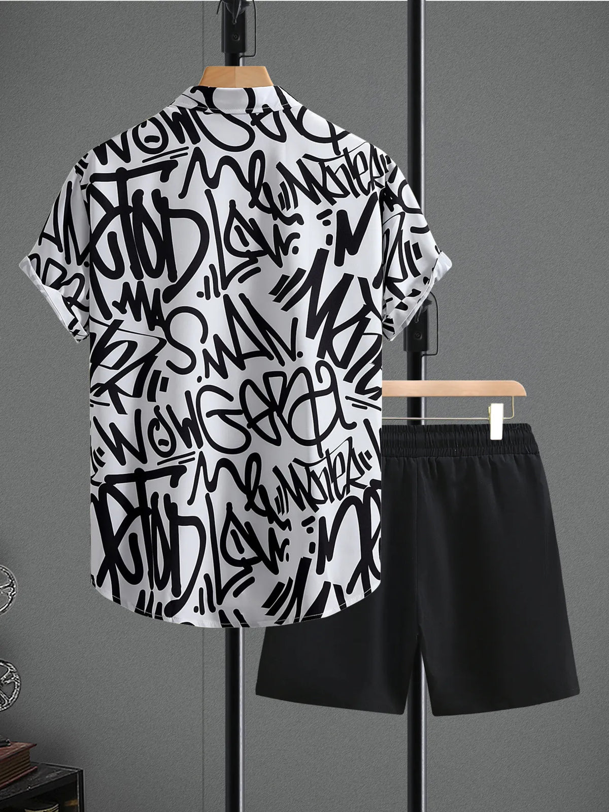 Men's Letter Print Shirt and Shots Set in Black, view 2