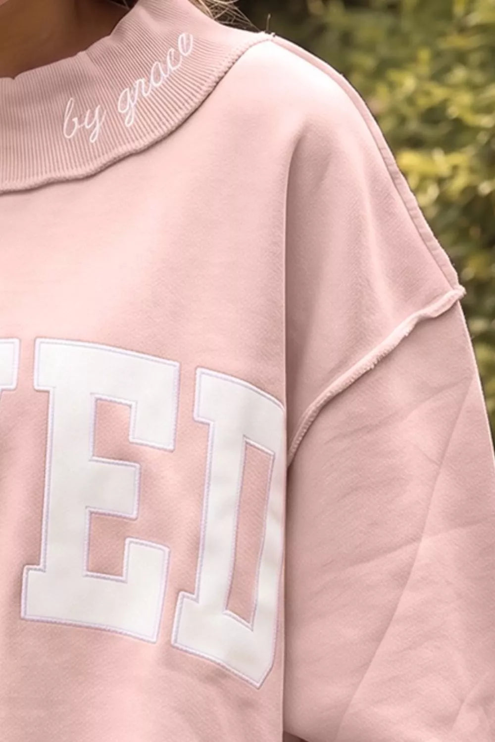 SAVED Graphic Sweatshirt with Raw Edge Detail in Watermelon pink, view 3