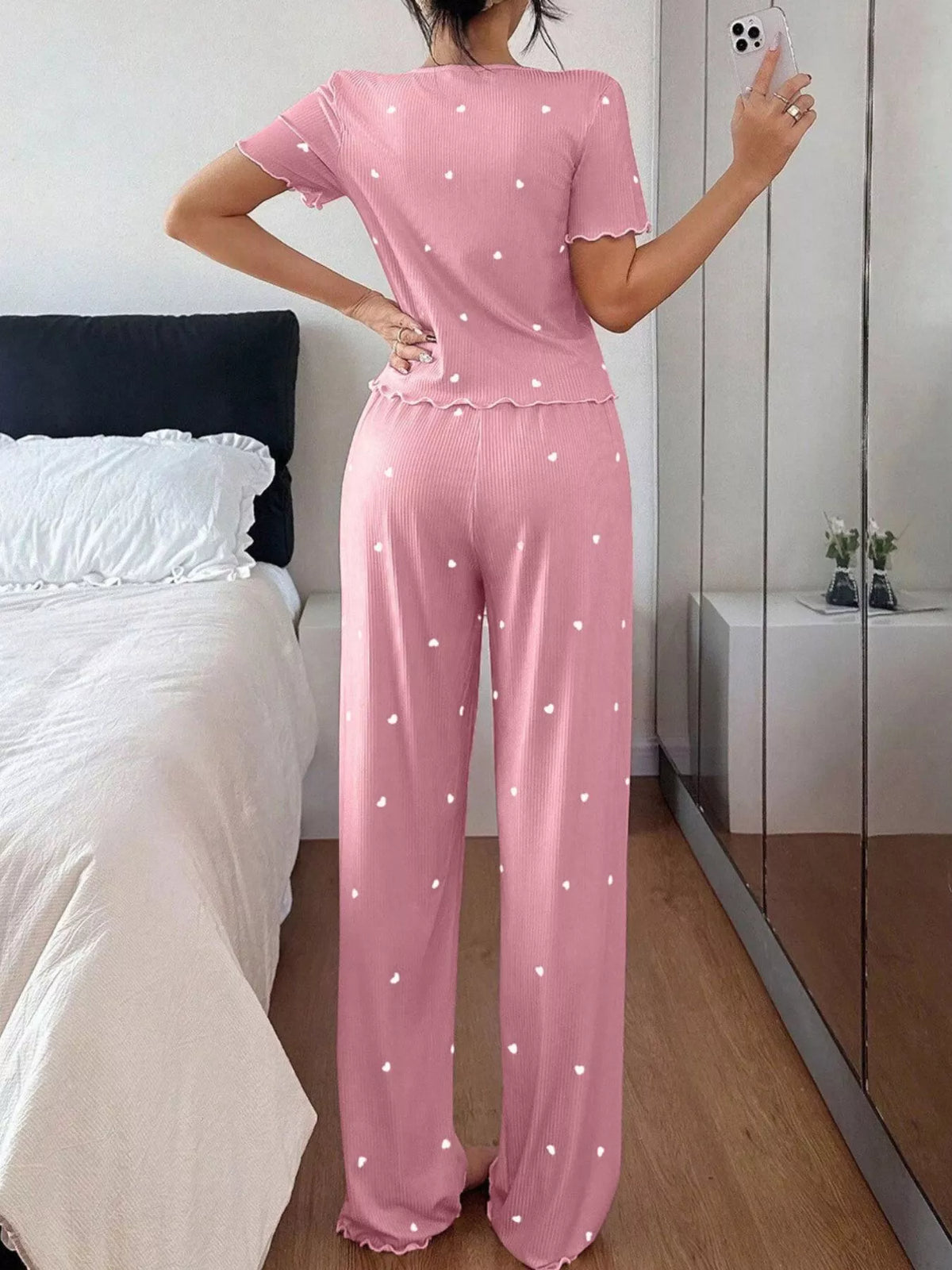 Heart Print Lettuce Trim Top and Pants Loungewear Set