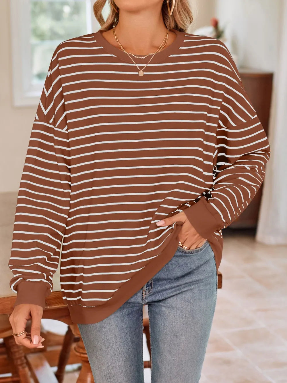 Lovelet Striped Round Neck Long Sleeve Sweatshirt - Lilixa.store