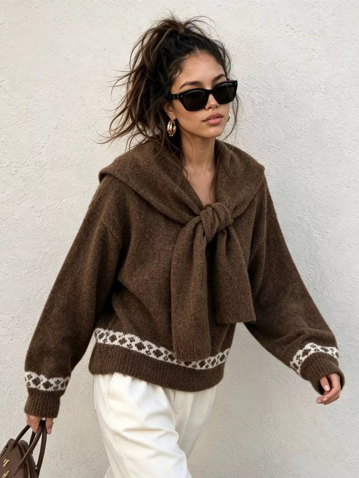 Scarf Detail Dropped Shoulder Sweater, view 8