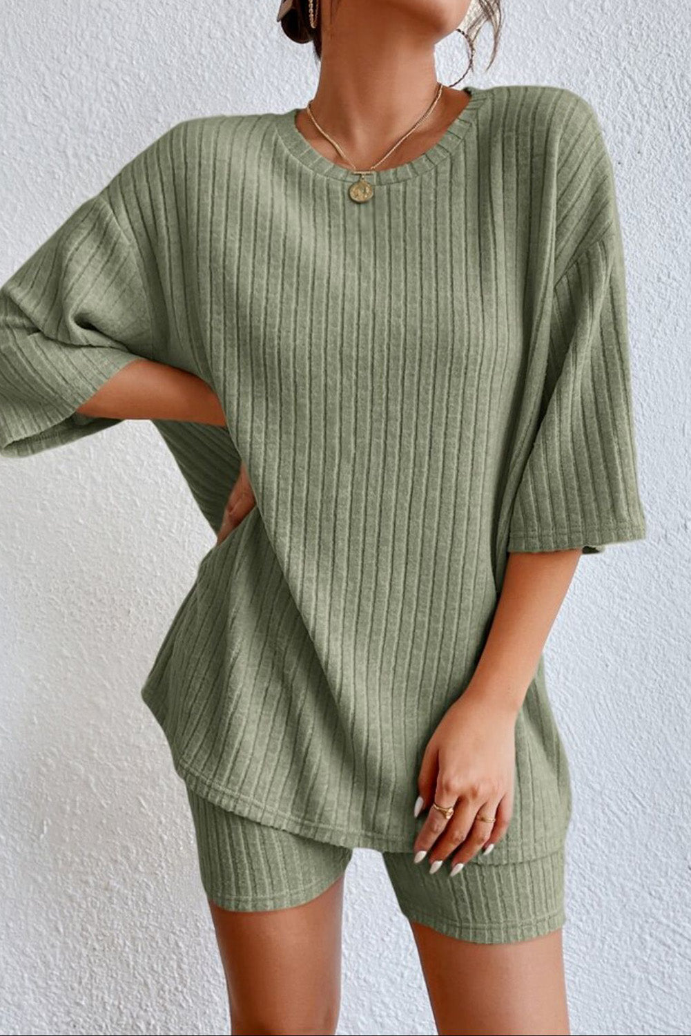 Round Neck Ribbed Top and Shorts Lounge Set - Lilixa.store