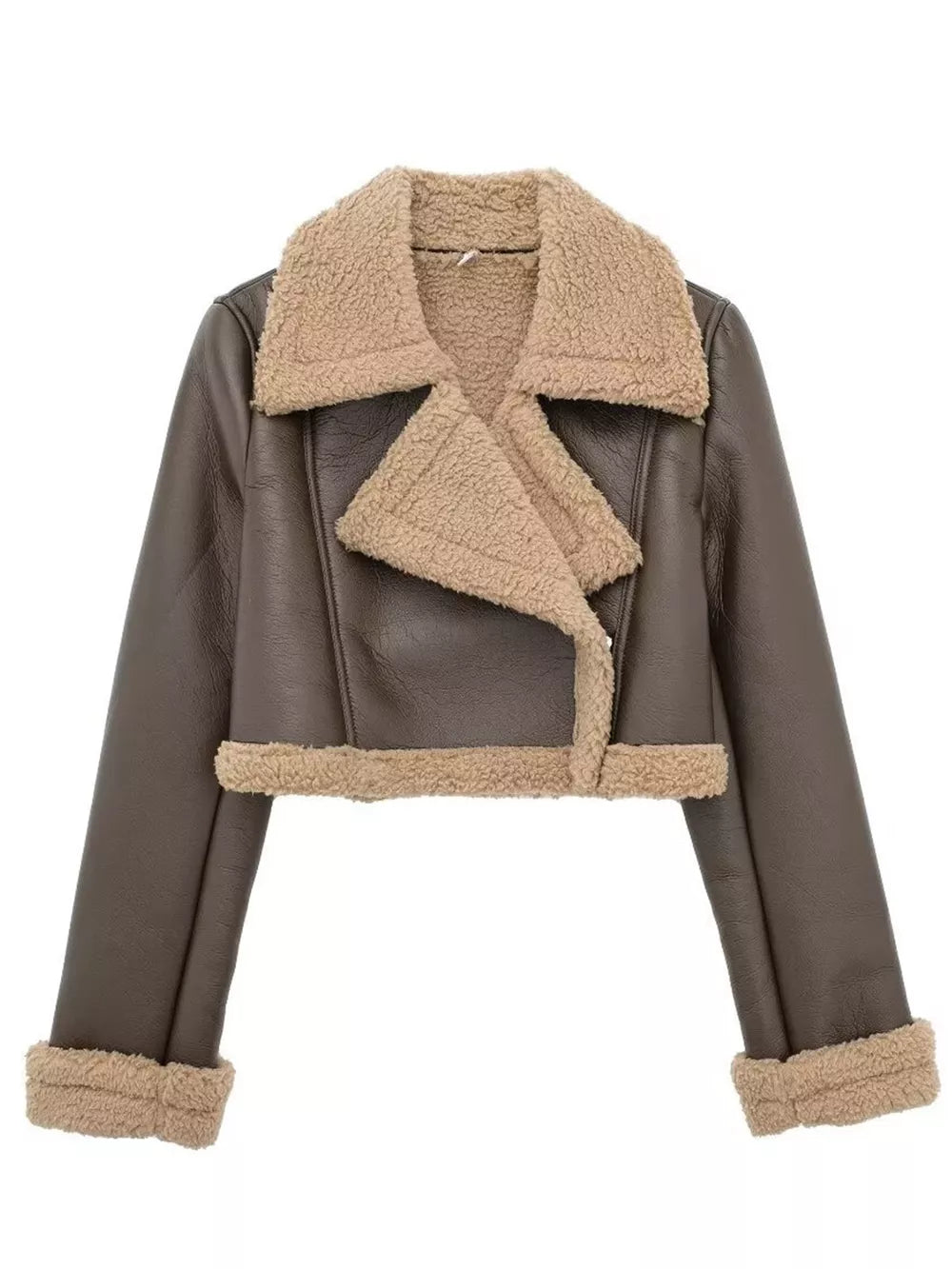 Collared Neck Long Sleeve Plush Cropped Jacket in Coffee Brown