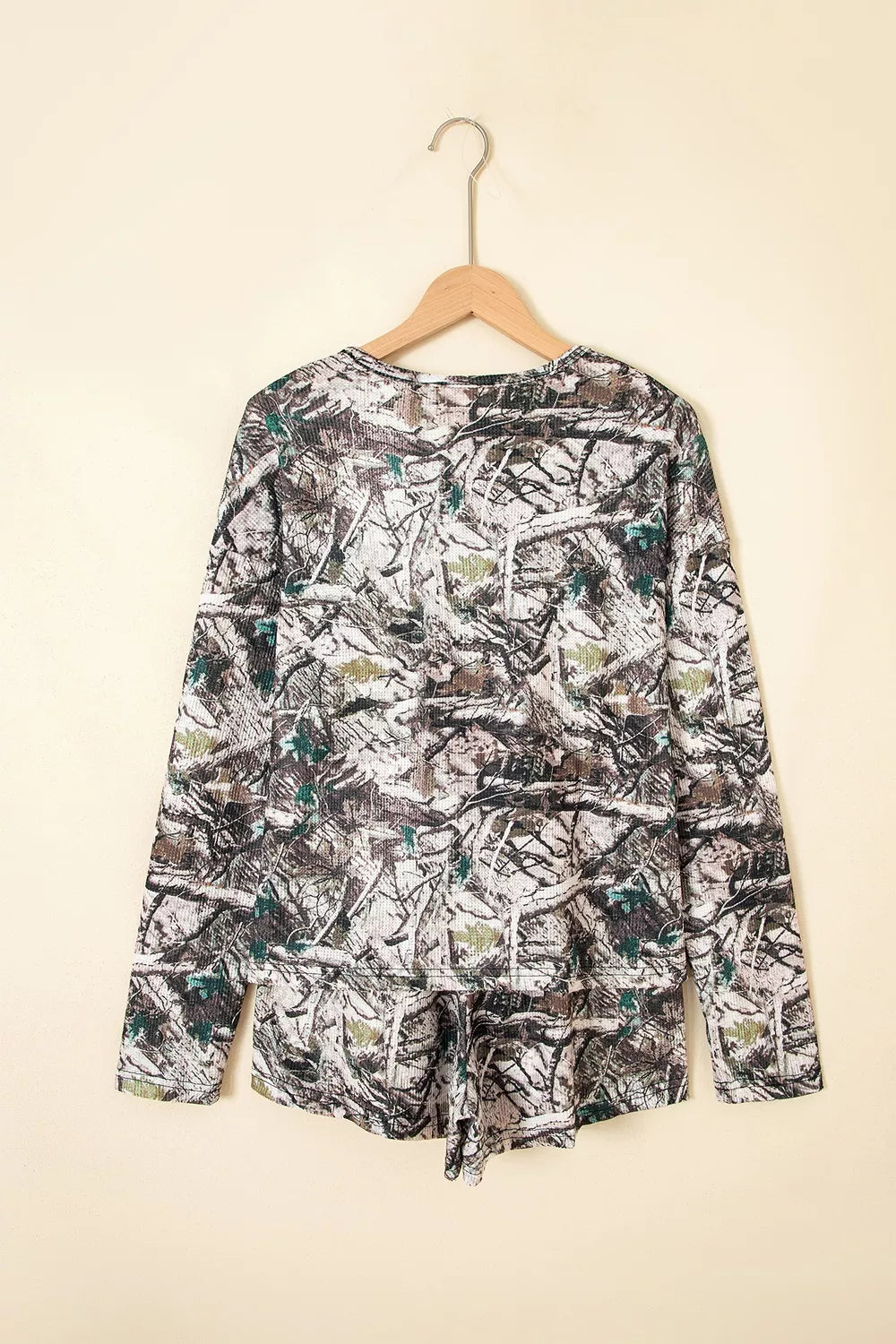 Camo Long Sleeve Top Elastic Waist Shorts Two Piece Set - Lilixa.store