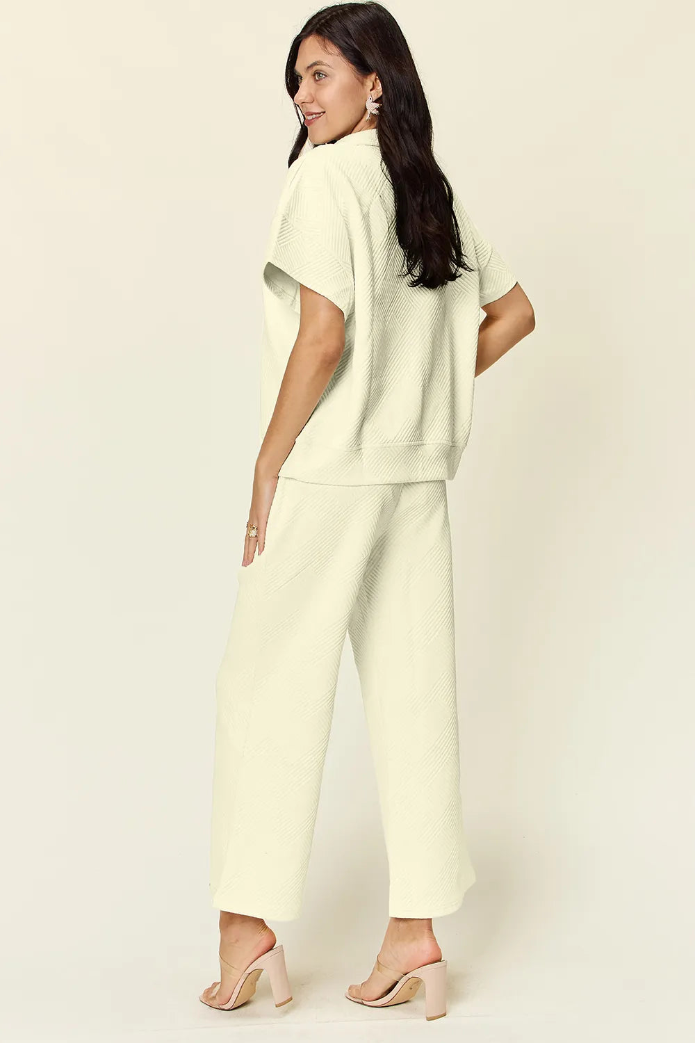 Double Take Full Size Texture Half Zip Short Sleeve Top and Pants Set, view 11
