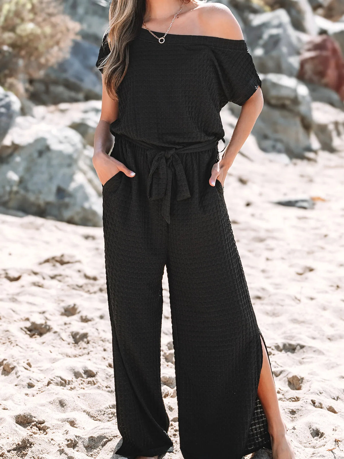 One Shoulder Short Sleeve Knotted Waist Jumpsuit - Lilixa.store