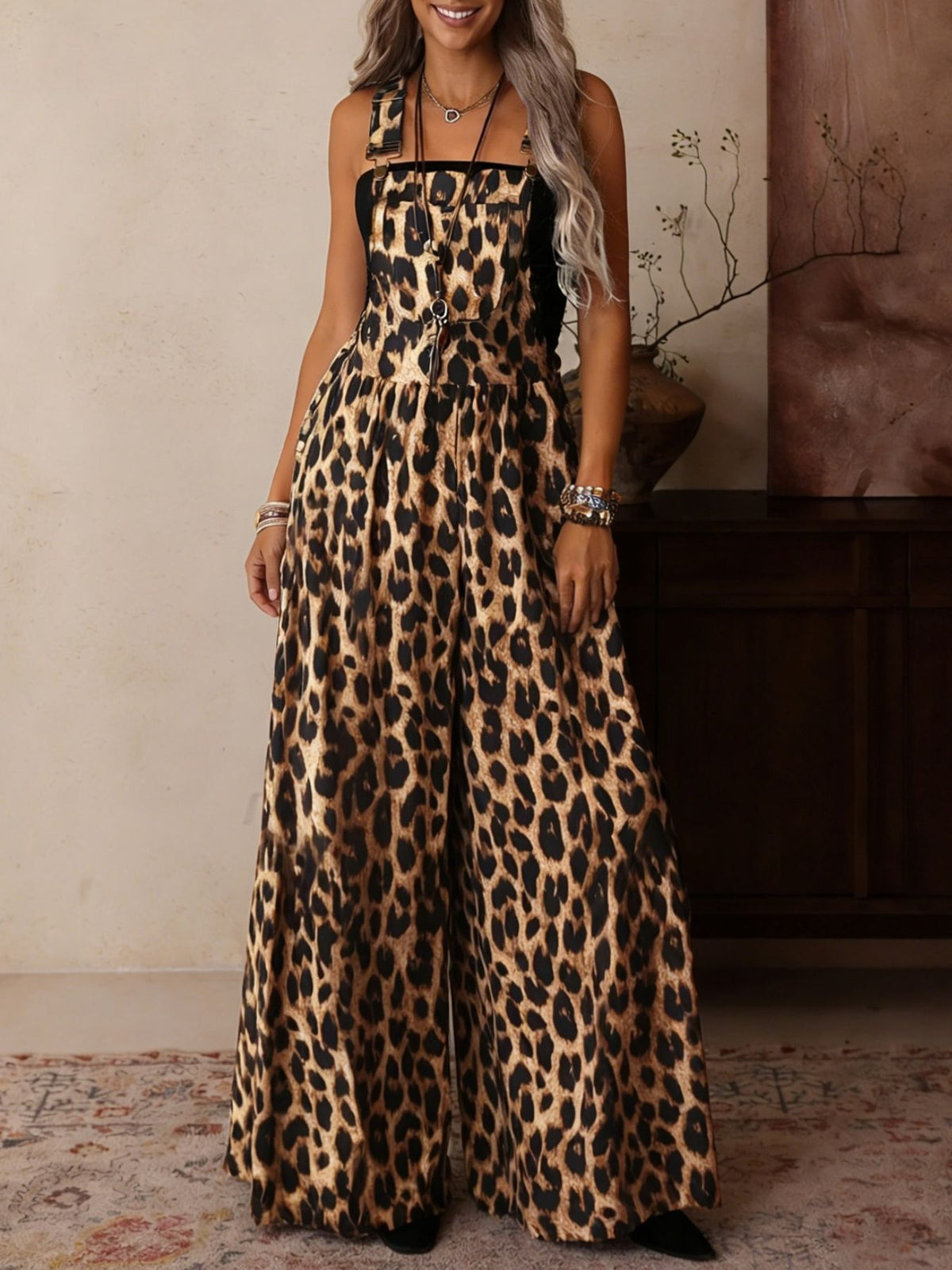Leopard Print Wide Leg Overalls - Lilixa.store