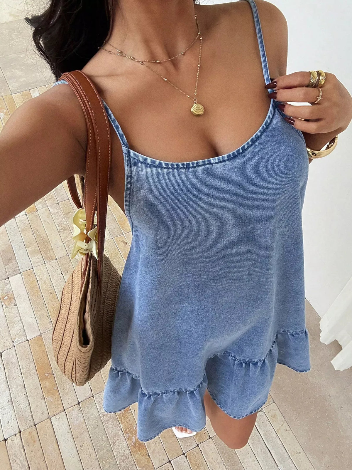 Casual Spaghetti Strap Ruffle Hem Denim Dress in Blue, view 4