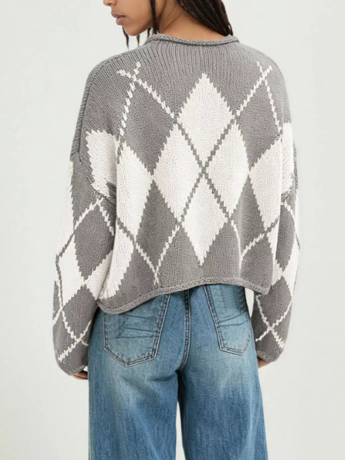 Argyle Pattern Knit Dropped Shoulder Sweater - Lilixa.store