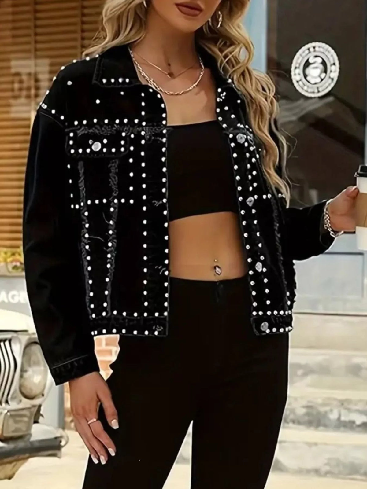 Full Size Studded Button Up Denim Jacket Plus Size