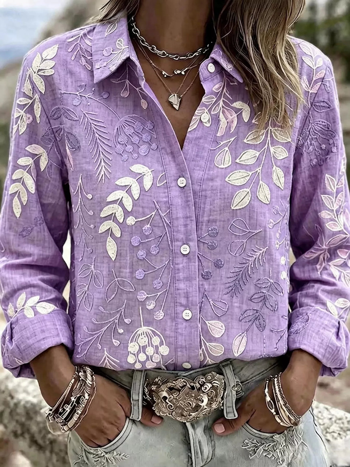 Full Size Leaf Embroidered Button-Down Shirt Plus Size in Mauve