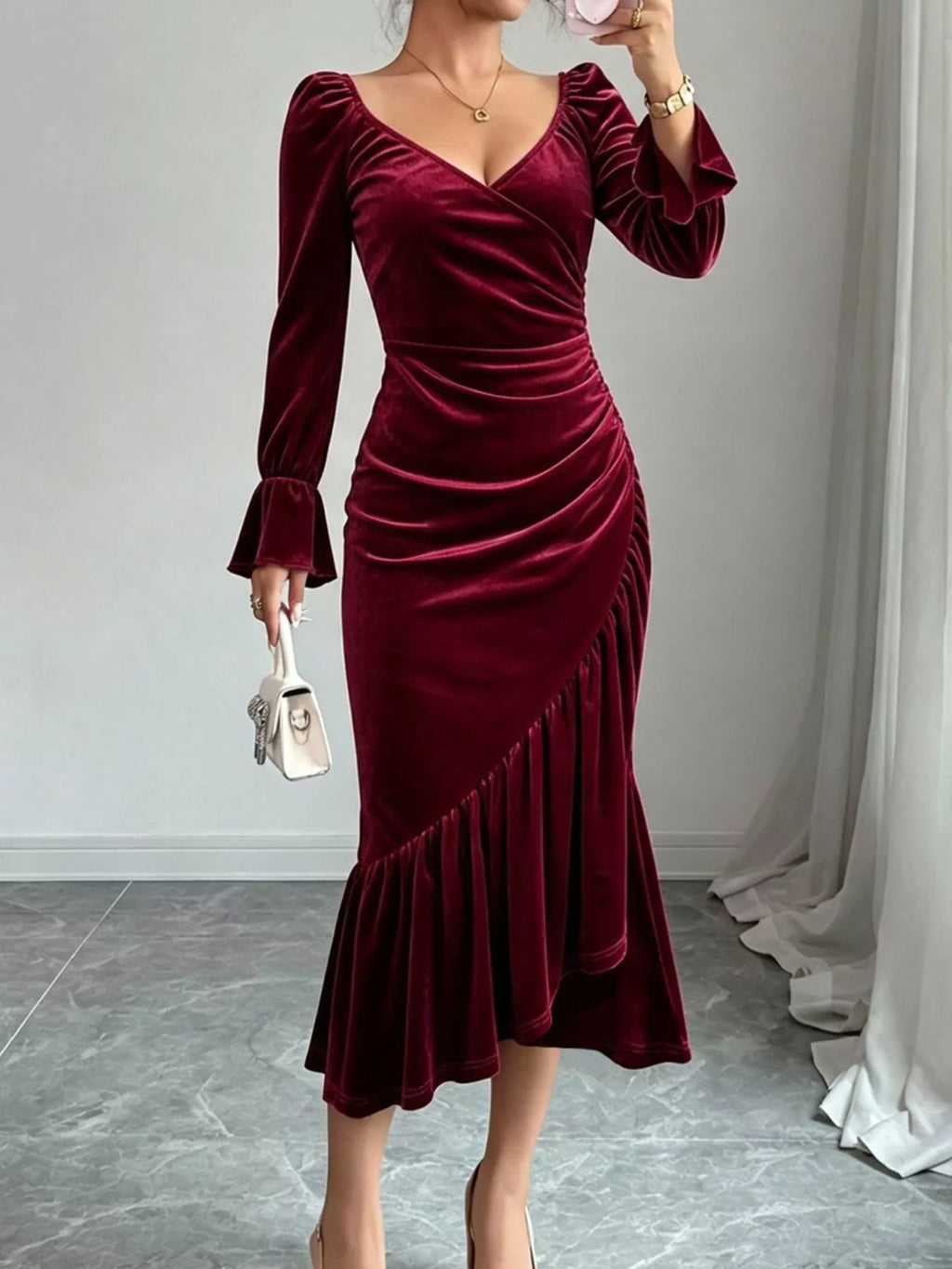 Velvet Ruched Ruffle Hem Midi Dress - Lilixa.store