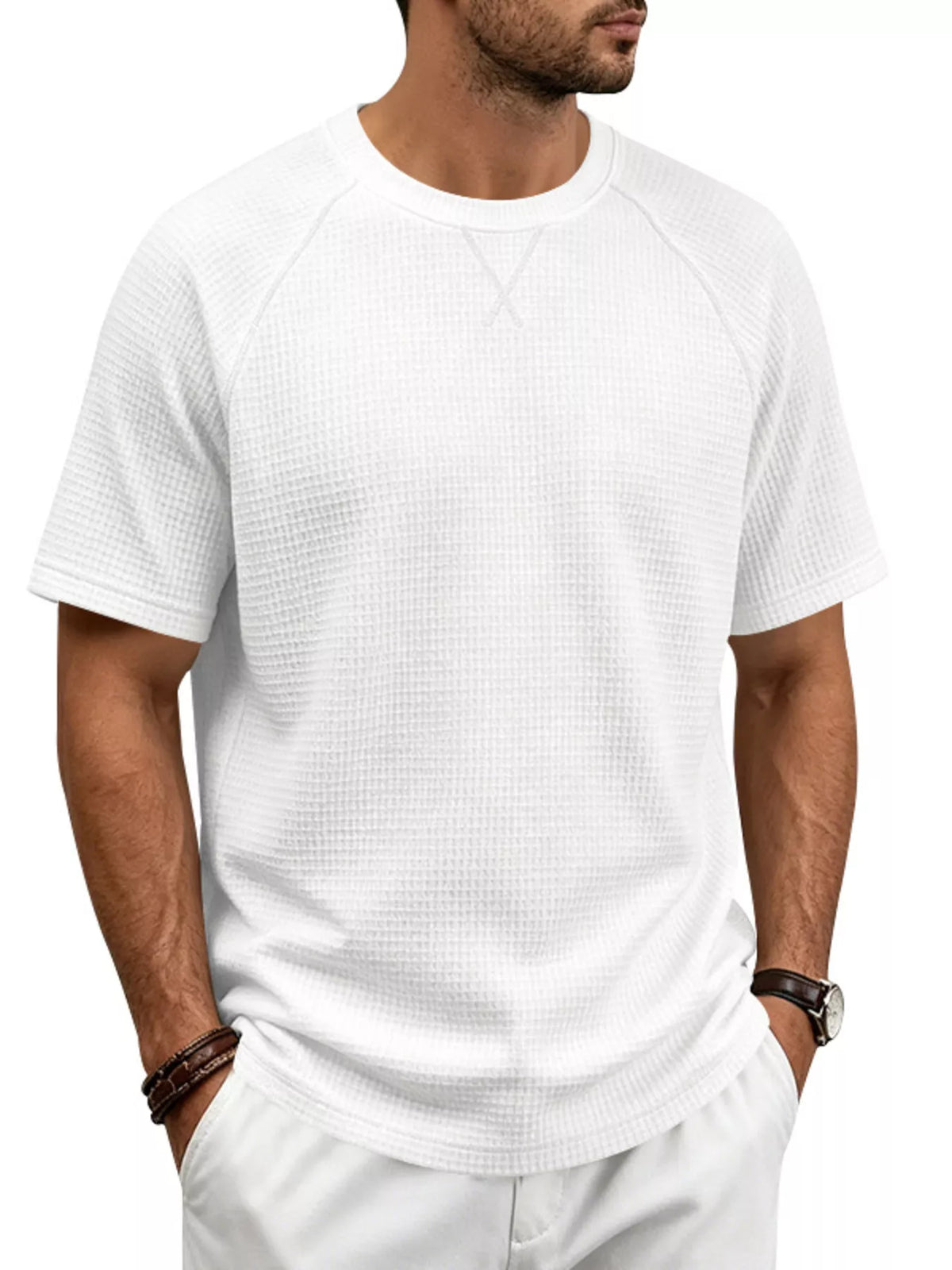Men's Full Size Waffle Knit Raglan Short Sleeve T-Shirt Plus Size - Lilixa.store