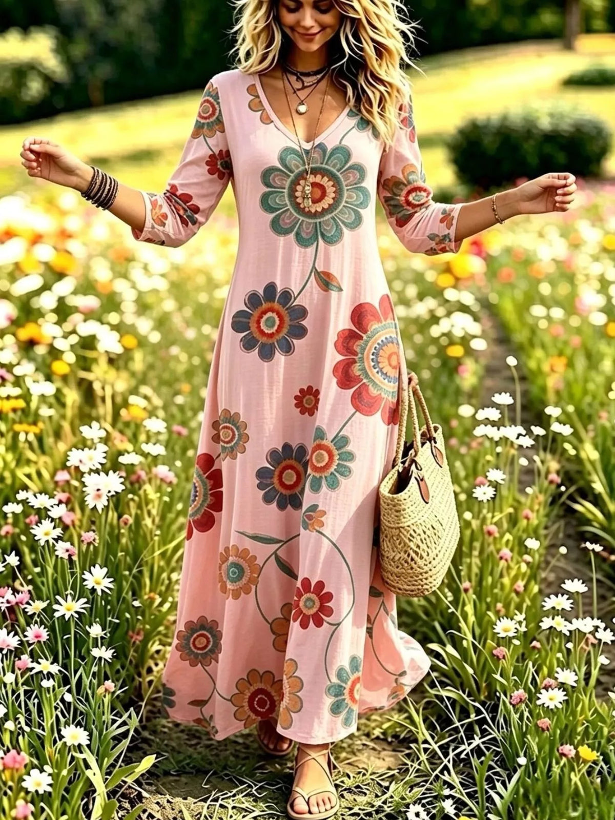 Floral Print V-Neck Long Sleeve Maxi Dress